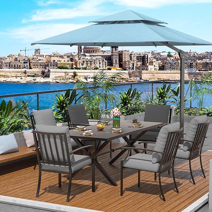 7-Piece Patio Dining Set Outdoor Conversation Set,Metal Outdoor Furniture Set with Umbrella Hole Cut-Out 78.7" x 35.4" Table and 6 Metal Backrest Chairs for Backyard,Garden,Grey