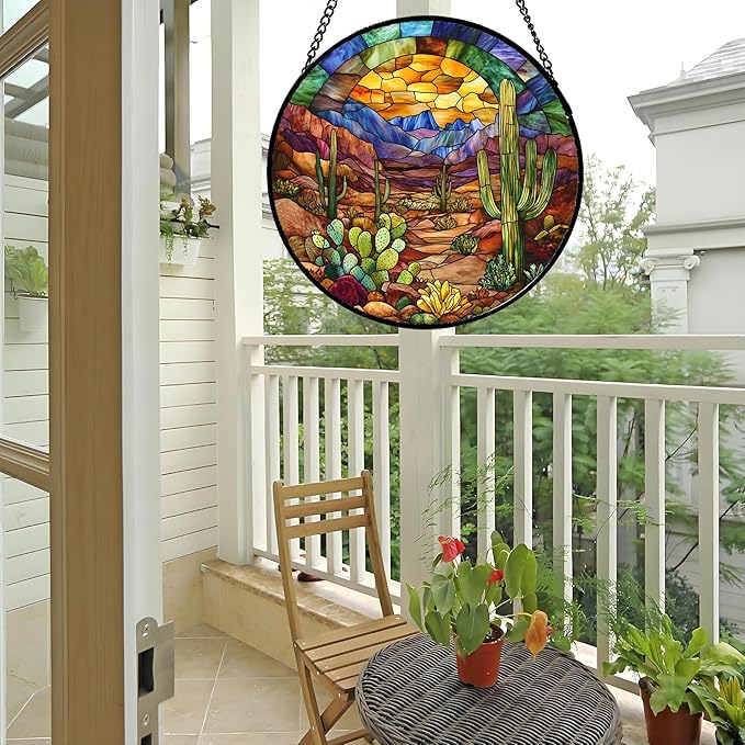 Stained Glass Window Hanging Cactus Mountains Landscape 9.8" - Suncatcher Door Garden Sunroom Sun Catcher Home Decor Birthday Christmas for Mom Men Woman Nana
