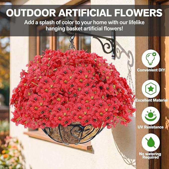 22 Pack Artificial Flowers Outdoor, Faux Flowers UV Resistant with Plastic Plants, Faux Silk Flowers for Outdoors Outside Front Porch Hanging Planter Window Box Garden Decoration(Red)