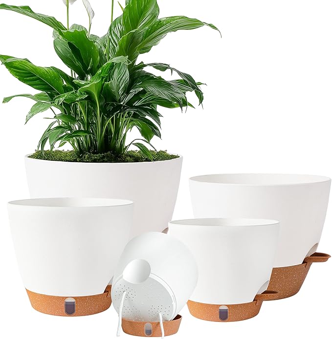 Fielda Self Watering Pots for Inoor Ourdoor Plants 10/9/8/7/6.5 Inch Plastic Planters with Drainage Holes & Water Level Indicator, Decorative House Flower Nursery Planting Pots with Saucers ((White)