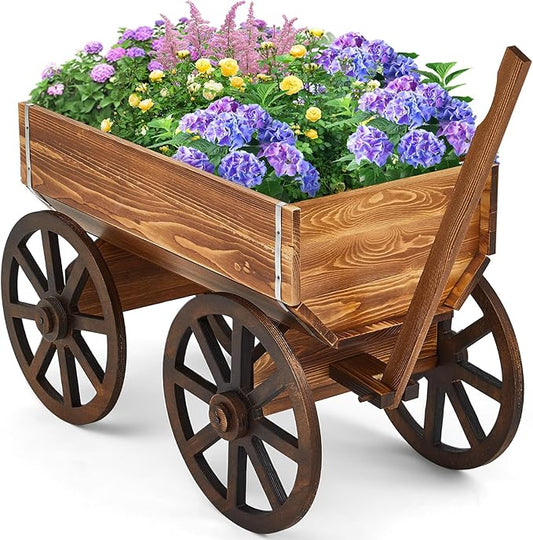 Wooden Wagon Flower Planter Cart Garden Planter Box with Wagon Wheels Cart for Home Garden Outdoor Balcony Decorative, Patio Flowers Herbs Vegetables, Brown 29.5 x 17(Elegant)