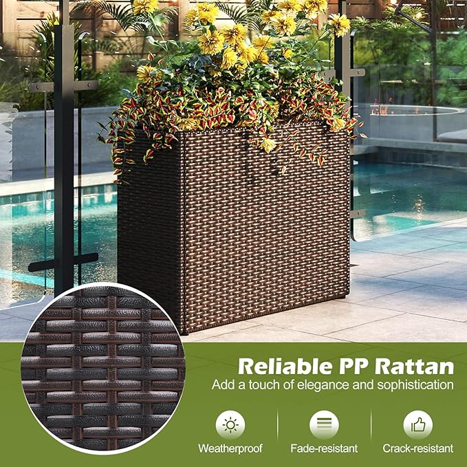 24" Tall Raised Garden Beds, 2 Pieces All-Weather PE Wicker Rattan Flowerpot with Removable Liner, Indoor Outdoor Modern Planter Rectangular Elevated Planter Box for Front Porch & Deck
