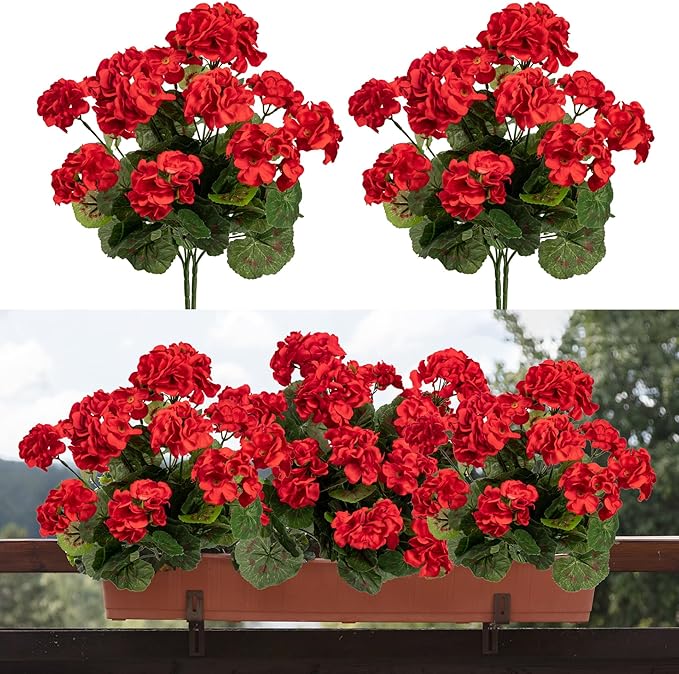 Uqueeten 4pcs Fake Flower Artificial Geranium,Artificial Flowers for Outdoors ，Geraniums Artificial Flowers Realistic,Artificial Geraniums for Outdoors Fake Plant Decoration(Red) 14.4"