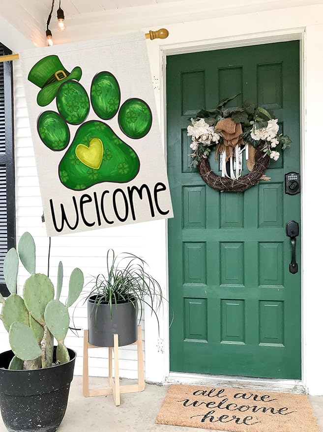 Welcome St Patricks Day House Flags for Outdoor Decoration, Dog Paw with Green Hat Lucky Shamrocks Large Yard Flag, Decorative Irish Celebration Decor for Seasonal Farmhouse Holiday Outside