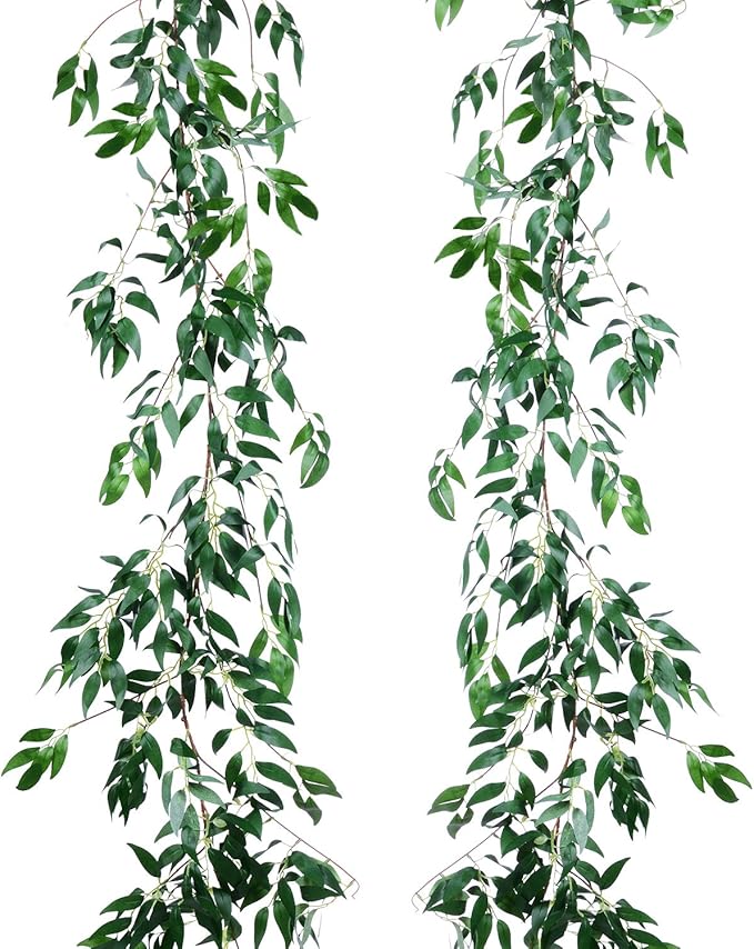 Artiflr 2 Pack Artificial Hanging Leaves Vines, 5.7 Ft Fake Willow Leaves Twigs Silk Plant Vines in Green for Indoor/Outdoor Wedding Decor