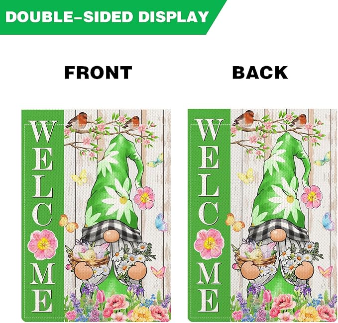Spring Gnome Garden Flags for Outside, Floral Birds Welcome Yard Flags, 12x18 Double Sided, Seasonal Lawn Flag, Gnomes Decorations for Porch Farmhouse