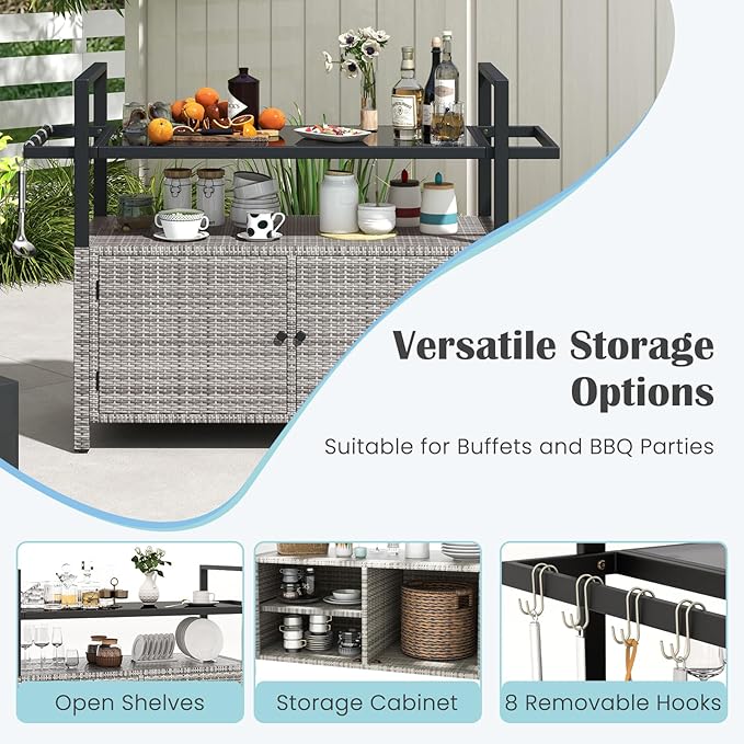Tangkula Outdoor Bar Cart, Patiojoy Rolling Wicker Buffet Serving Cart with Tempered Glass Top, Storage Cabinet & 8 Hooks, Kitchen Island Cart on Wheels for Porch Backyard Garden Poolside (Mix Grey)