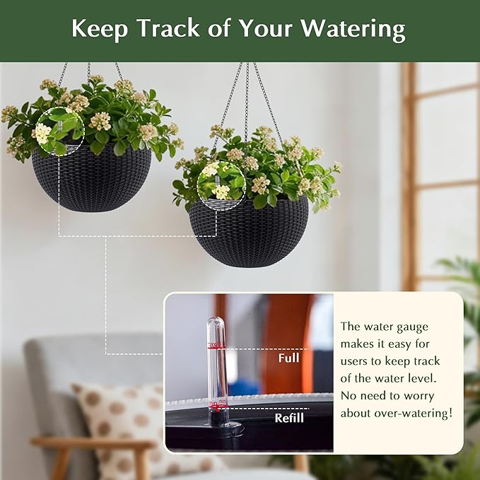 Vigo huseeo 13.5 inch 2Pack Large Hanging Planters for Outdoor/Indoor Plants, Self Watering Hanging Pot with Water Level Indicato, Drainage Holes and Chain for Garden Porch, Black