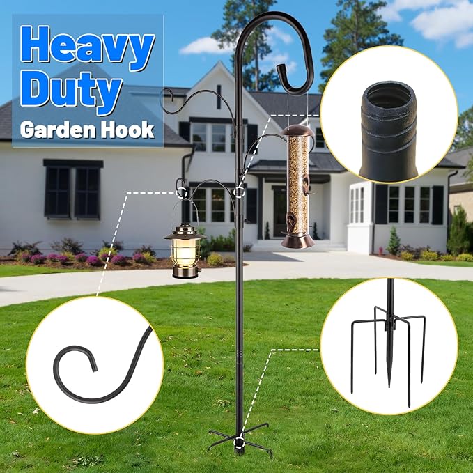 Eyrizon 4-Hook Bird Feeder Pole for Outdoor,92 Inch Heavy Duty Shepherds Hooks with 5 Prongs Base,Adjustable Garden Hook for Hanging Plant,Hummingbird Feeder,Solar Light,Lantern