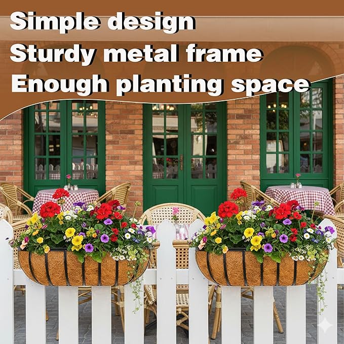 4 Pcs 30“ Railing Planter Window Box Deck Railing Planter Boxes with Coco Liner English Horse Trough Planter Metal Wall-Mounted Planter Basket for Outdoor Balcony Porch Fence Patio Rail