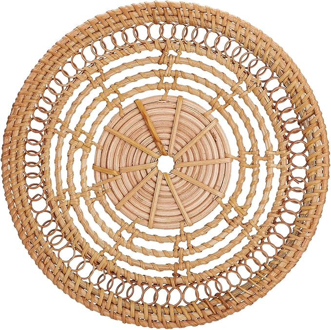 Boho Wall Basket Decor Set: Round Rattan Wall Decor, Hanging Basket, Flat Woven, Flower Shape, Khaki, 13"L x 13"W, Unisex, Indoor, Living Room