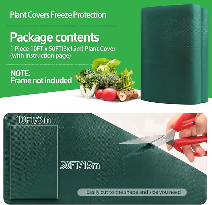 GUKULIVEL Plant Covers Freeze Protection, 10x50ft Green Frost Blanket for Winter, 1.23 oz/yd² Fabric, Premium Frost Protection Cover, Breathable Garden Row Covers for Outdoor Plants