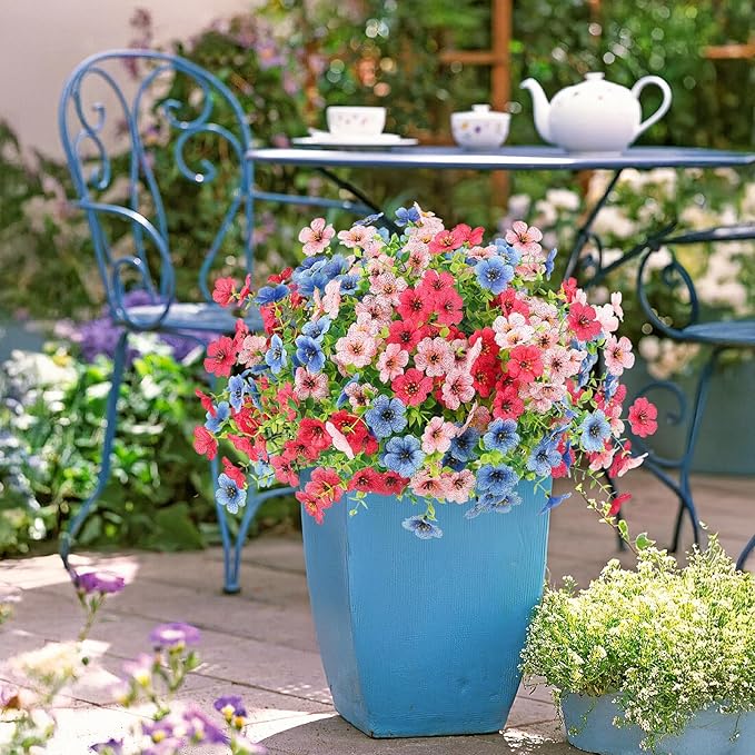Artificial Spring Flowers Outdoors UV Resistant Plastic Flowers Outdoors Faux Flowers Fake Plants Outside for Garden Porch Planters Silk Flowers Daisy Decor, 6 Bundles (Mix Rose Red Blue Pink)