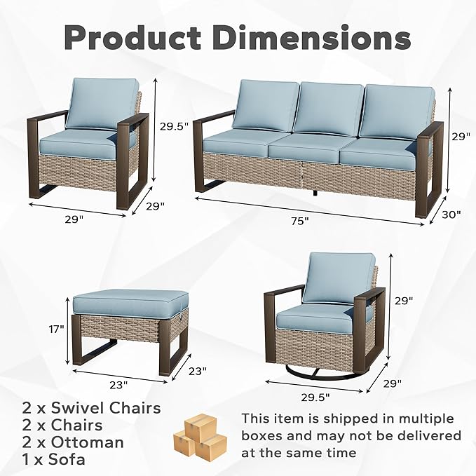 Joyside Outdoor Patio Chairs, 8 Pieces Wicker Rattan Furniture Set, 4 Patio Chairs, 1 Sofa, 2 Ottoman and 1 Table, Metal Wide Armrest, Thick Cushions and Deep Seating for Garden, Backyard, Porch