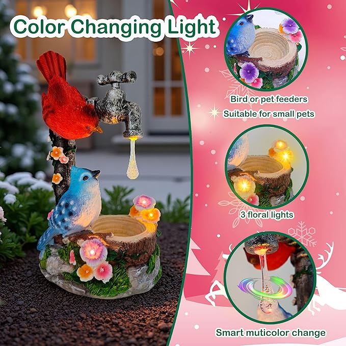 Solar Cardinal Birds Statue with Bird Feeder, 12″ Resin Garden Decor Color Changing Fountain Figurine Light Outdoor Waterproof, Bird Ornaments for Yard Patio Porch, Home Decor Easter Mom Gifts