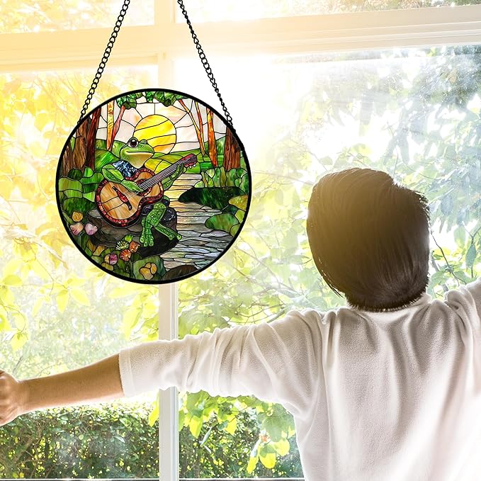 DASTOLL Stained Glass Window Hanging, Frog Playing Guitar Suncatcher Diamond Glass Panel Funny Sun Catchers Decor for Birthday for Women, Men, Wife, Aunt, and Mom 9.8 in