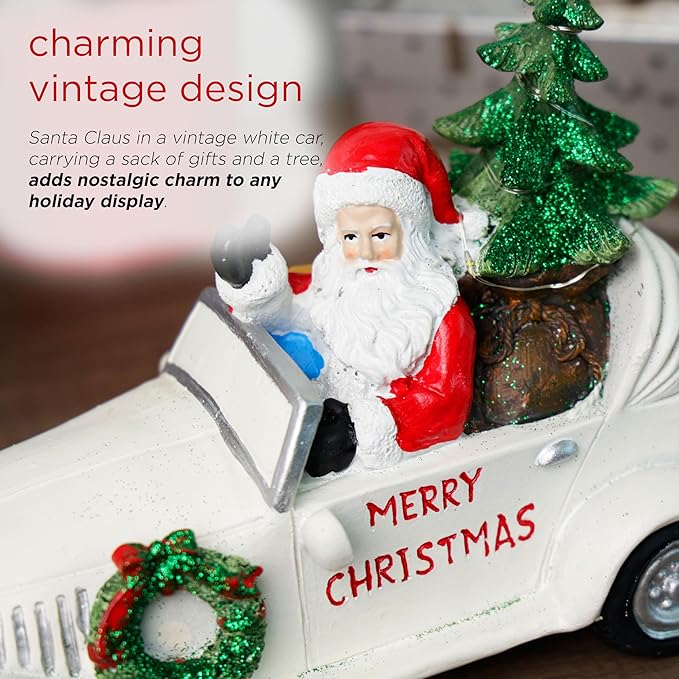 Alpine Corporation 7" Tall Merry Christmas Santa in Vintage White Car Statue with LED Lights, Holiday Decoration for Tabletop, Shelf, Mantel, or Entryway Display