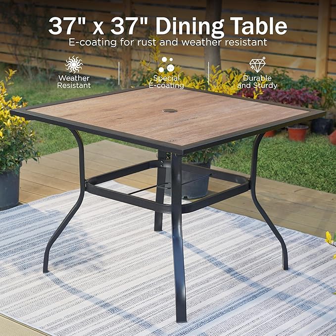 PHI VILLA 5 Pieces Outdoor Patio Dining Set for 4, 37" Square Metal Table with Polywood Top & Stackable Wrought Iron Chairs, Outside Furniture Set with Umbrella Hole for Deck, Porch, Backyard