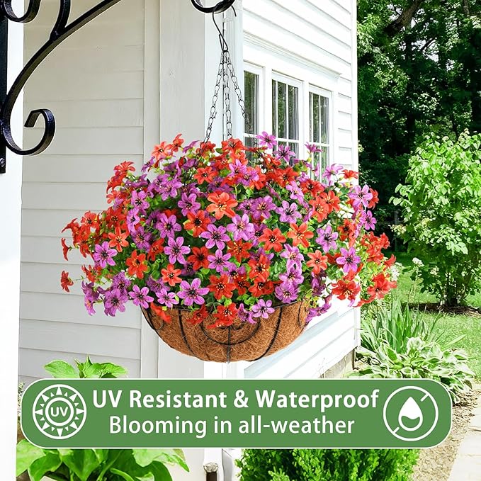INQCMY Artificial Flowers Hanging Baskets for Outdoors Spring Decor, 12 Bundles Fake Plants Faux Silk Daisy with Eucalyptus Stem UV Resistant for Outside Patio Balcony Garden(Red Purple)