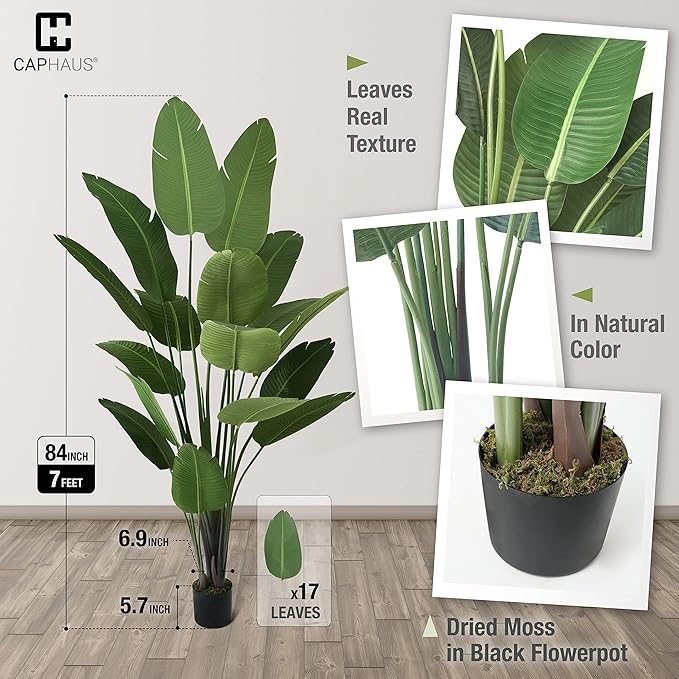 CAPHAUS 7FT Artificial Bird of Paradise Tree, UV Resistant Potted Fake Plant with Dried Moss for Indoor Outdoor Use, Realistic Large Floor Plant for Home Office Decor, No Maintenance
