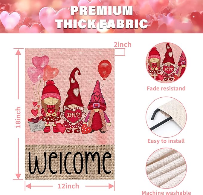 Welcome Valentines Day Gnomes Garden Flag 12x18 Inch Double Sided Outside Red Balloon for Outdoor Farmhouse Anniversary Holiday Yard Valentine Decoration FF-225