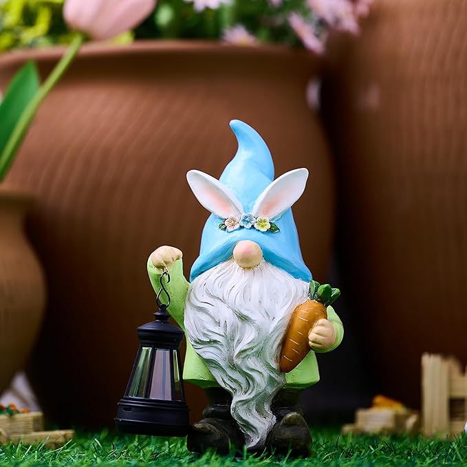 TERESA'S COLLECTIONS Easter Bunny Gnome Decorations with Solar Outdoor Light for Garden Decor, Spring Resin for Outside, Decorations for Patio Home Yard, Ideal Gifts for Dad and Mom, 8"