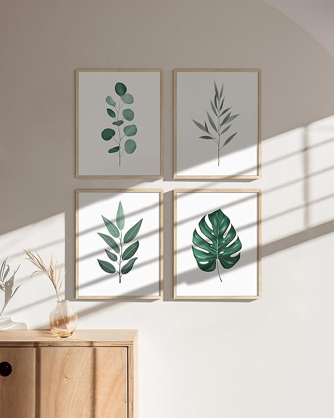 HAUS AND HUES Plant Wall Art - Botanical Prints, Green Wall Art Collection Set, Leaves Paintings Minimalist Sage Green Wall Decor (Beige Frame, 11x14)
