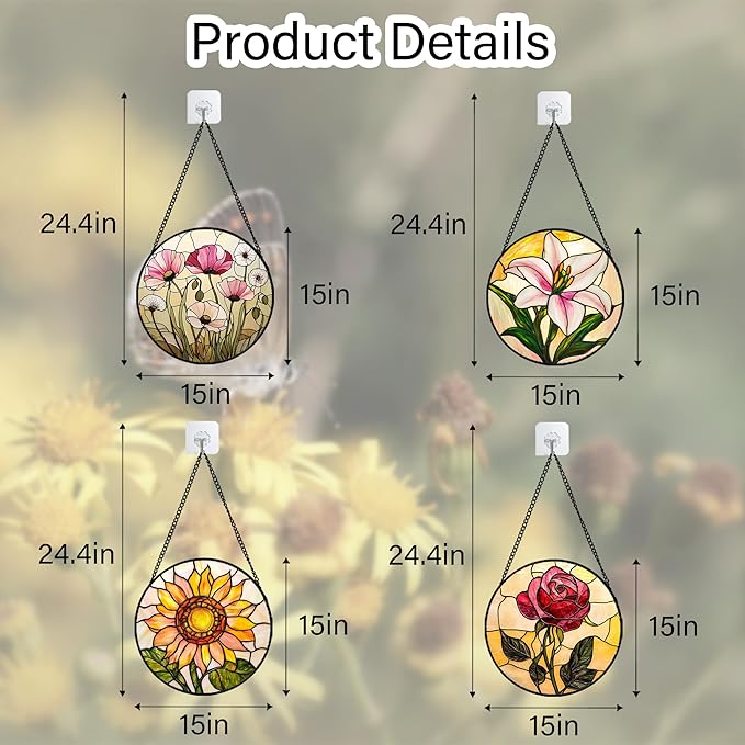 AMDERVEN Stained Glass Window Hanging 4 Pcs Set Lily Rose Sunflower Poppy Large 15" - Flower Suncatcher Door Garden Sun Catcher Decor Birthday Mother's Day for Wife Woman Nana Girl
