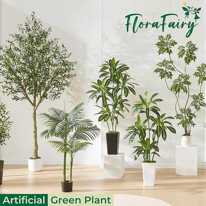 5FT Artificial Dracaena Tree with White Planter and Fake Green Moss - Real Touch Fake Plant for Home & Office Decor, Faux Yucca Indoor Floor Tree, Pre-Potted Plants,