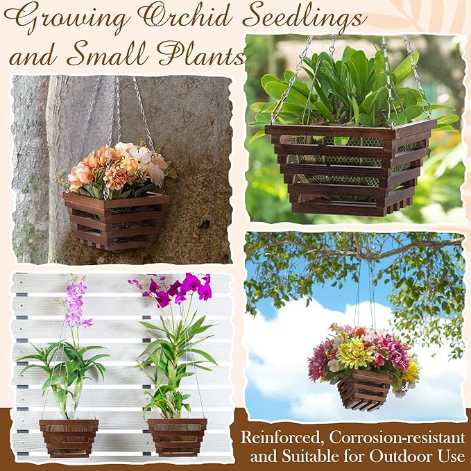 5 Pcs Wooden Orchid Hanging Basket with Hangers Pine Rustic Vanda Baskets Square Handmade Orchid Pots for Indoors Outdoors Garden Staghorn Ferns Mount Plants Flowers (6inch,8inch,10inch)