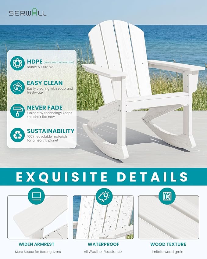 SERWALL Outdoor Adirondack Rocking Chairs of 4, All-Weather HDPE Adirondack Rocker Chair, Front Porch Rocker Chairs for Patio Lawn Porch Deck, White