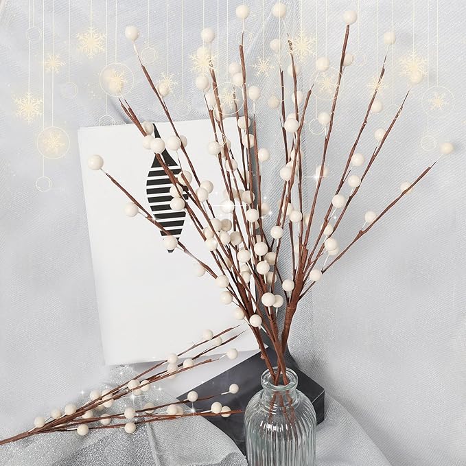Fumwase 15 Pcs Artificial White Berry Stems and Picks for Christmas Tree, Valentines, Home, Holiday, Wedding, DIY Crafts Decor