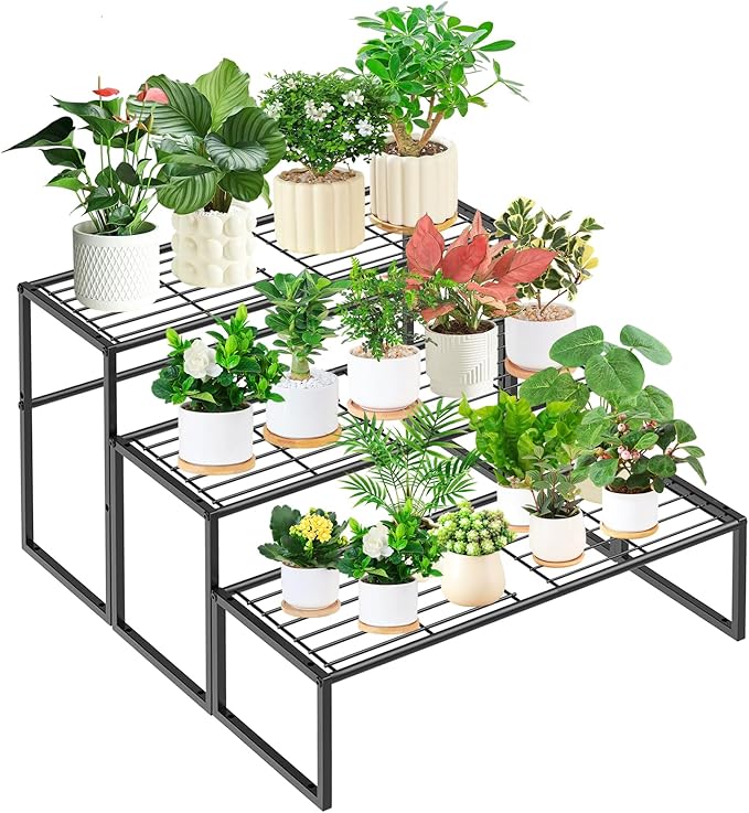 Gouisalin 3 Tier Metal Plant Stand Indoor Outdoor, Potted Multiple Flower Pot Holder Rack Plant Shelf, Heavy Duty Planter Display Shelving for Patio Balcony Garden Living Room Decorative (3 Tier- Black)