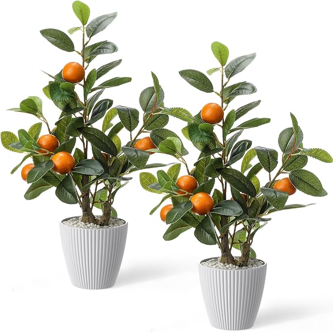 2 Pack Artificial Orange Potted Plants 19.7 Inches Fake Orange Tree Simulation Realistic Fruit Plant with Pot Faux Tree Indoor Decoration for Home Office Living Room Table Desk