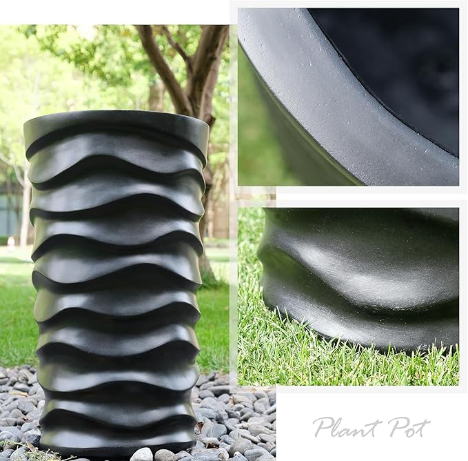 BEYOUDO Tall Planter Outdoor Indoor, 2 Pack Extra Large Plant Pots 20" 18" H Tall Large Tree Planter-Modern Matte Wavy Flower Pot for Indoor Outdoor Proch Decor (Black)