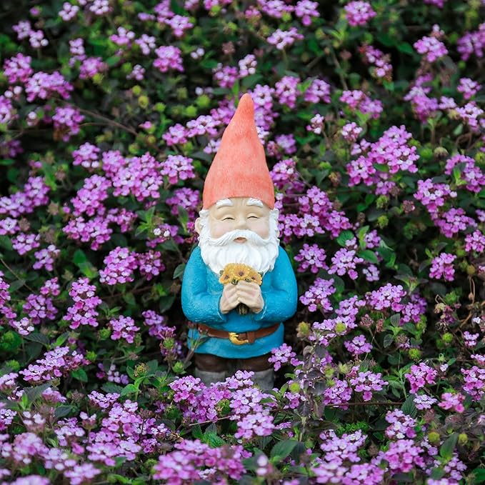Gnome Figurine, Holding Sunflower Friendly Welcome The Master Home for Indoor Outdoor Patio Yard Lawn Decor, Polyresin 11.8" H