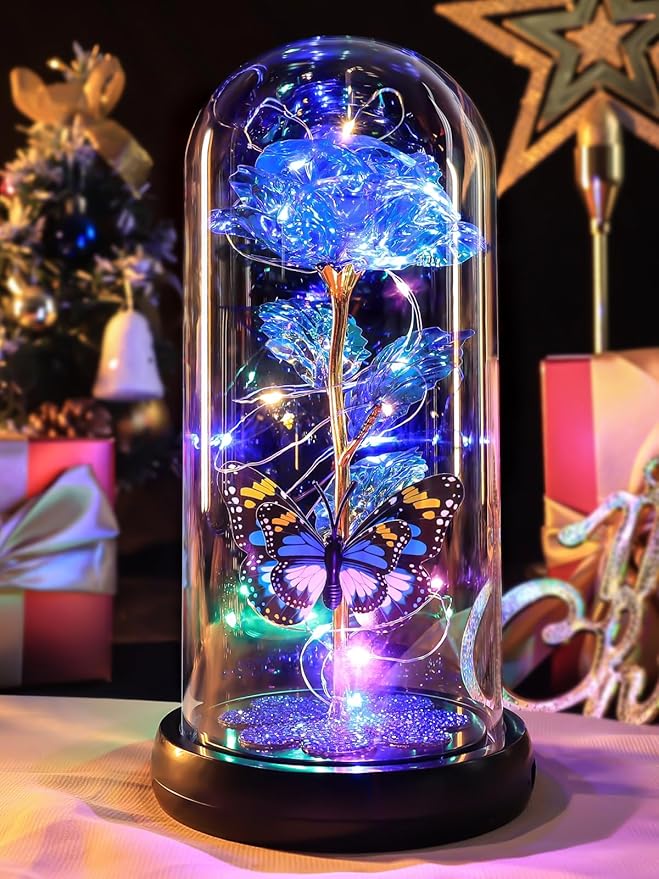 Valentines Day Rose Gifts for Her Birthday Gift for Women, Rechargeable Galaxy Glass Rose in Glass Dome Crystal Eternal Roses Butterfly Valentine Gifts for Women Daughter Mom Wife Girlfriend Blue
