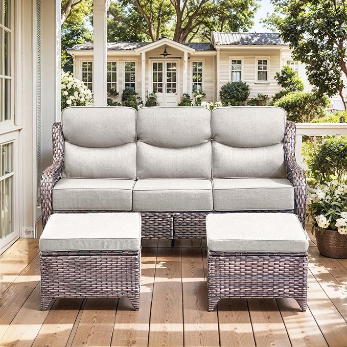 HUMMUH Luxury Patio Furniture Set 6-inch Thick Cushions High Back Swivel Rocker Chairs & 3 Seater-Couch & Steel Fire Pit Table 7 Pieces Outdoor Conversation Set for Porch,Deck,Backyard