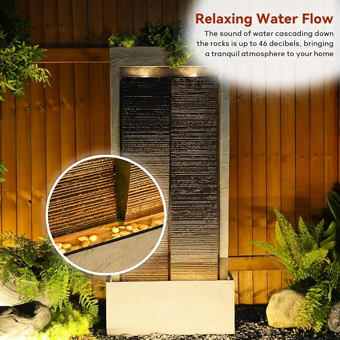 59" H Waterfall Fountain Large Outdoor Water Fountain Indoor for Garden, Patio, Backyard, Deck, Porch with LED Lights,Faux Slate Contemporary Water Fall