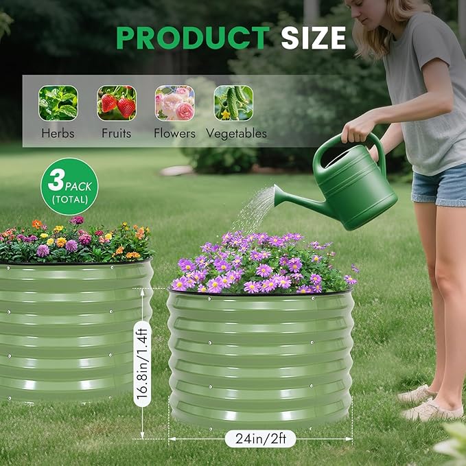 INNO STAG 3 Pcs Round Galvanized Raised Garden Bed — 2×2×1.4ft Planter Box Outdoor Raised Beds Kit for Gardening Vegetables, Fruits, Herbs, and Flowers, Olive Green