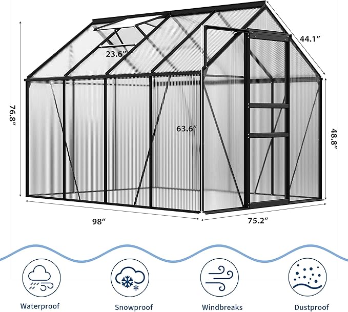 GarveeHome 6 x 8 FT Polycarbonate Greenhouse, Winter Greenhouses for Outdoors with Aluminum Frame, Sliding Door, Adjustable Roof Vent, Backyard Green Houses, Patio Garden, Black