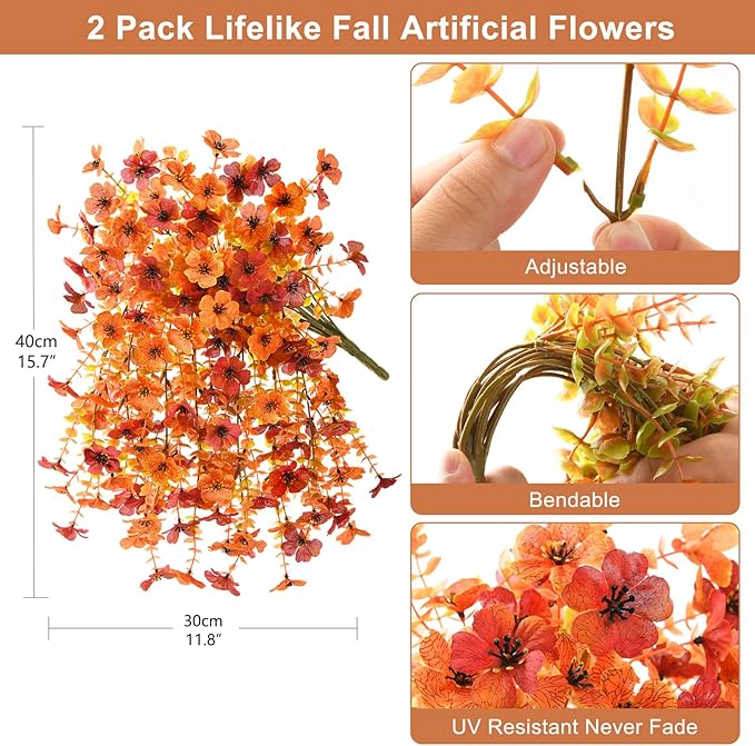 ZFProcess Artificial Fall Flowers for Outdoors, 2PCS Silk Fake Flowers Realistic Daisy Mums UV Resistant Porch Patio Window Yard Decor (Fall Orange)