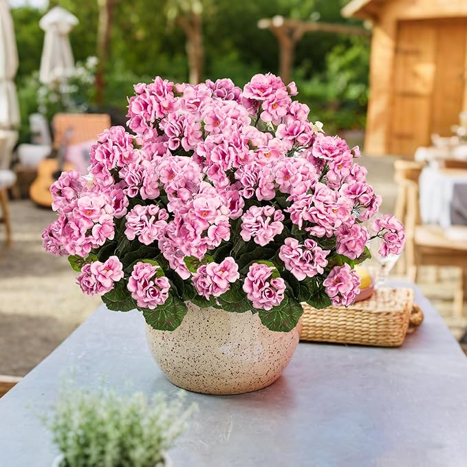 Uqueeten Plastic Flowers for Outdoors Home Decor Fake Plants Artificial Flowers Artificial Geraniums Outdoor Fake Flowers Silk Bouquet, Fall Decor for Interior Porch Garden Decor14.4 (Pink) 8PCS