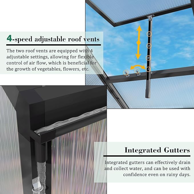 10x12T Greenhouse,Outdoor Polycarbonate Greenhouse with Roof Vent & Integrated Gutters,Aluminum Large Walk-in Green House W/ Reinforced Frame for Outside Garden Backyard,Black