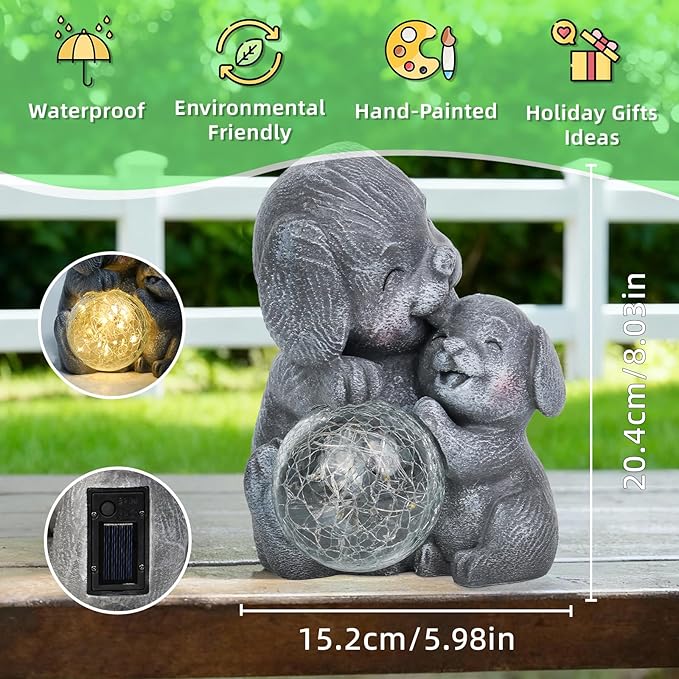 Komothala Solar Garden Statue Light, Outdoor Puppy Figurine with Solar Light for Patio, Lawn, Yard, Housewarming Birthday Gifts for Dad, Mom, Grandma,Women (Grey Dog)