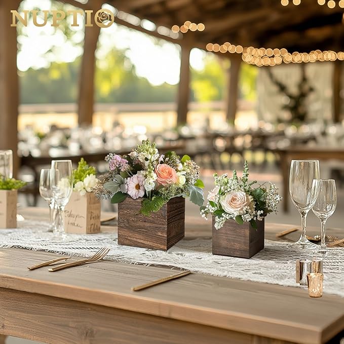 NUPTIO Wooden Box for Centerpiece Wedding: 12 Pcs Rustic Square Planter Box for Christmas Table Fall Decorations - 4×4" & 5×5" Small Wood Vases Flower Pots for Windowsill Home Garden Decor