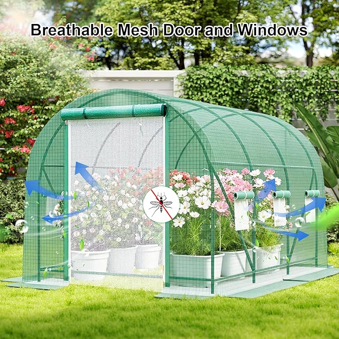Greenhouse with Watering System, Portable Green House for Outside, Greenhouses Kit for Outdoor with Metal Frame, Thicken PE Cover (Green Cover, 9.8x6.5x6.5 FT w/ Irrigation System)