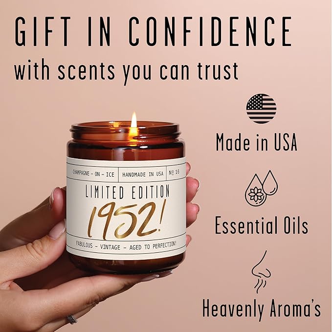 74th Birthday Gifts for Women - 'Limited Edition 1952' Soy Candle, w/Champagne on Ice I 74th Birthday Gift for Her Ideas I 9oz Reusable Jar, 50Hr Burn, Made in USA