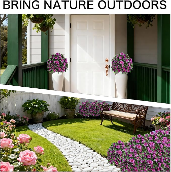 AZXVT Artificial Flowers for Outdoors, Faux Outdoor Plants Fake Plants Topiary Balls Artificial Outdoor Set of 2 with Ground Spike for Home Front Porch Patio Garden Decor (Rose Purple)
