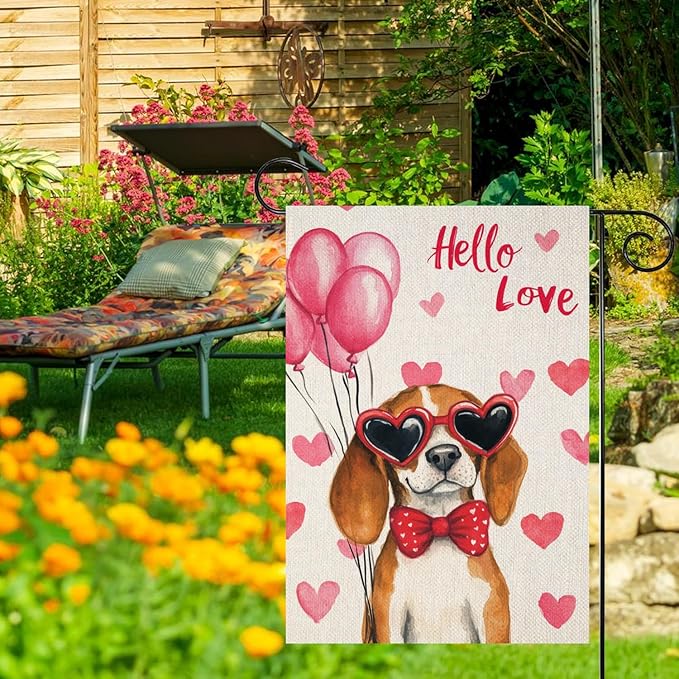 Valentine's Day Beagle Hello Love Garden Flag, House Yard Plaid Love Heart Outside Decoration, Spring Holiday Wedding Anniversary Outdoor Small Decor 12x18(12616)